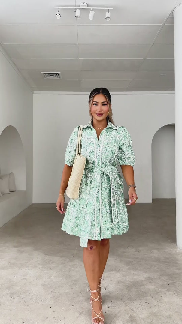 Doneth Mini Dress - White Green Print
