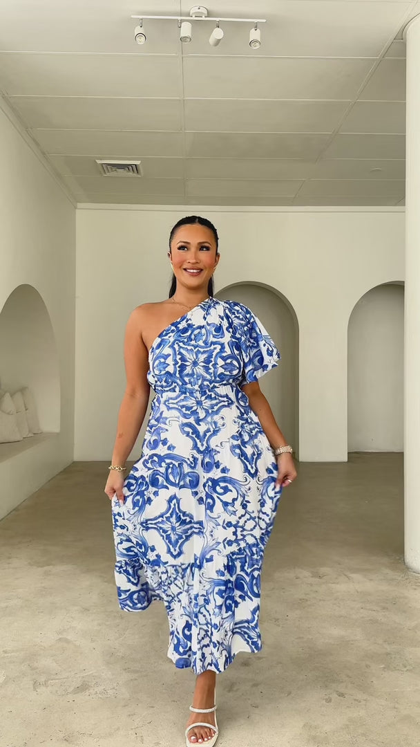 Denver Maxi Dress - White Blue Print