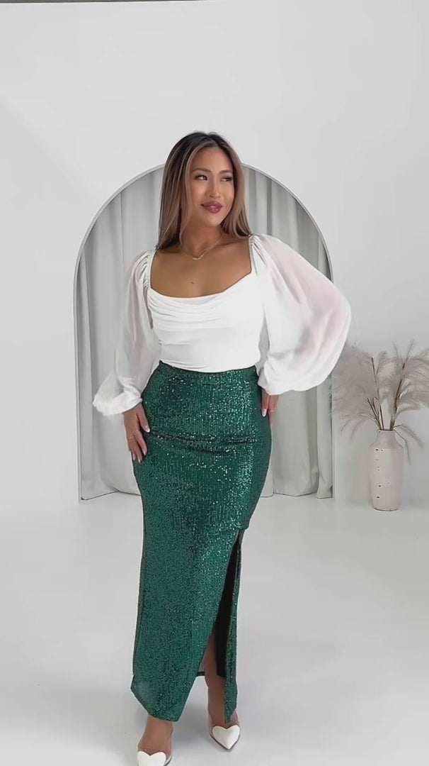 Beyond The Stars Sequin Maxi Skirt - Emerald Green