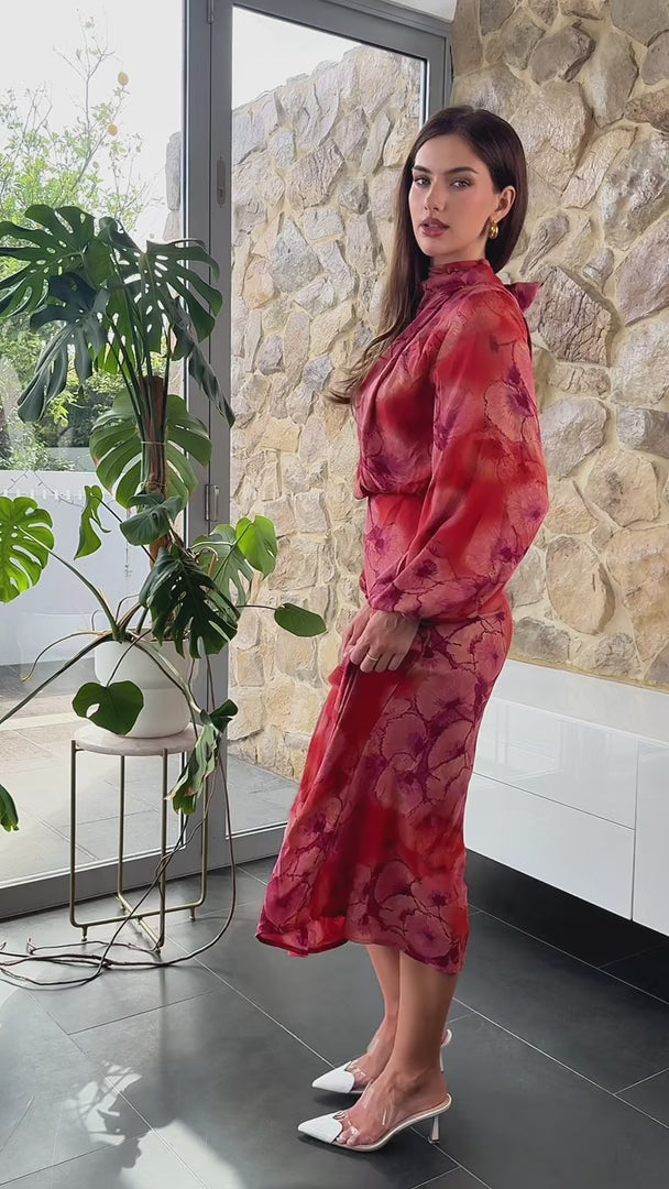 Cobero Long Sleeve Maxi Dress - Orange Purple Floral