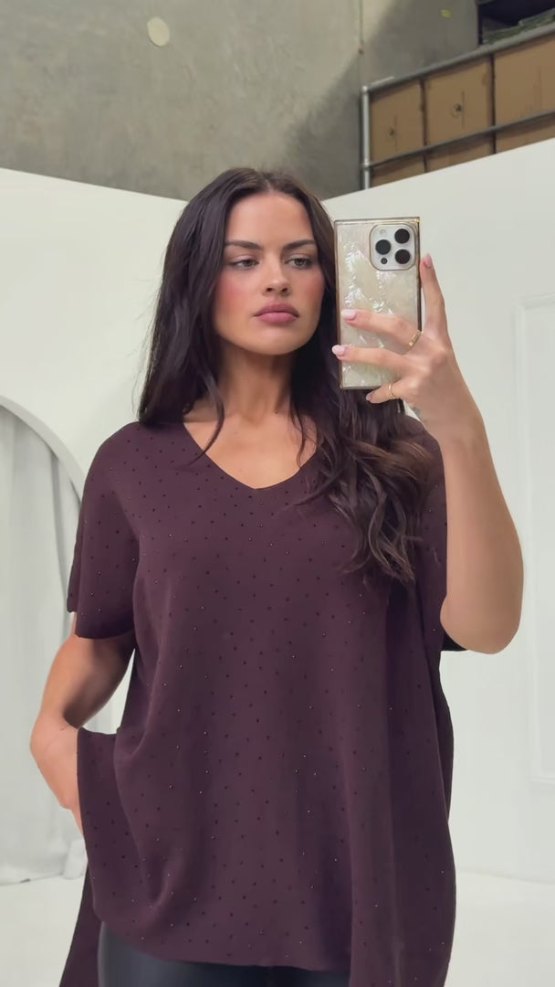 Evianna Diamante Knit Top - Chocolate Brown