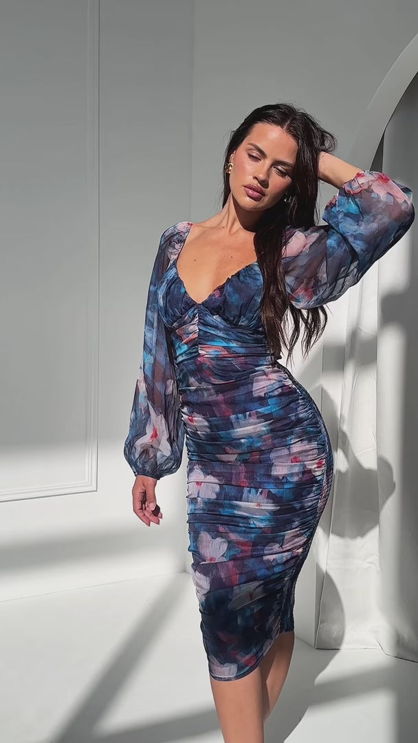 Miley Long Sleeve Midi Dress - Dark Blue Floral