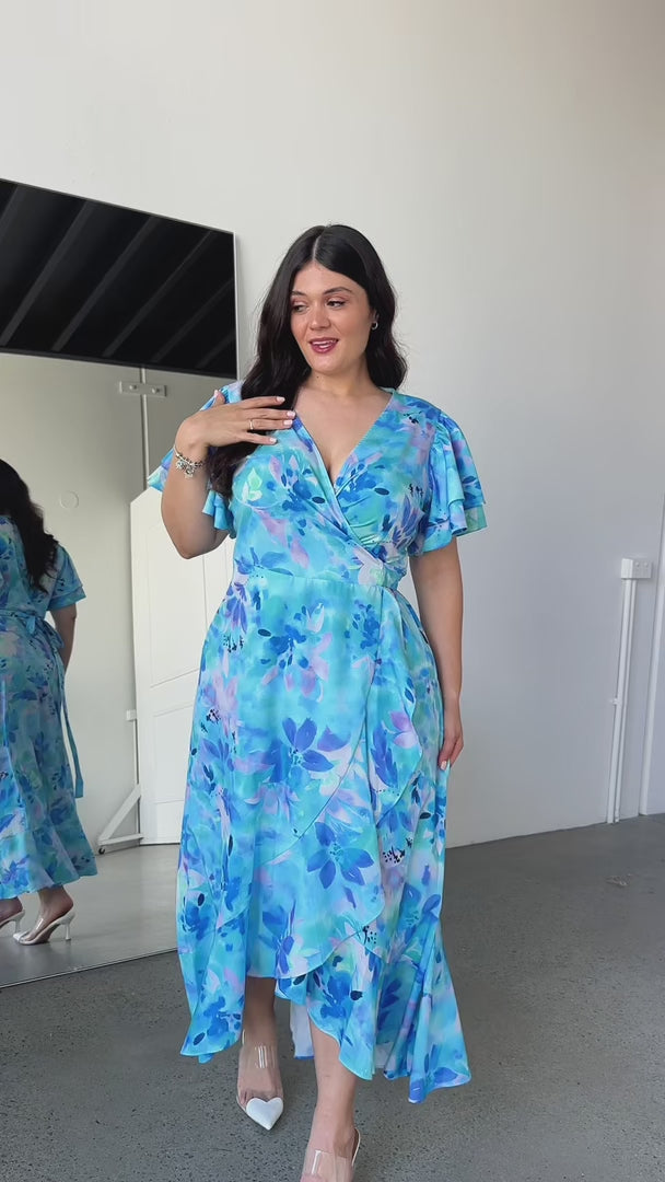 Odette Short Sleeve Wrap Maxi Dress - Blue Floral