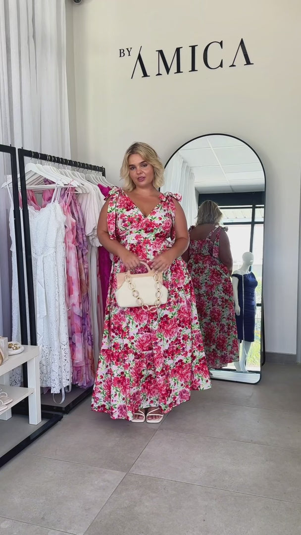 Aretha Tie Up Strap Maxi Dress - Pink Red Floral