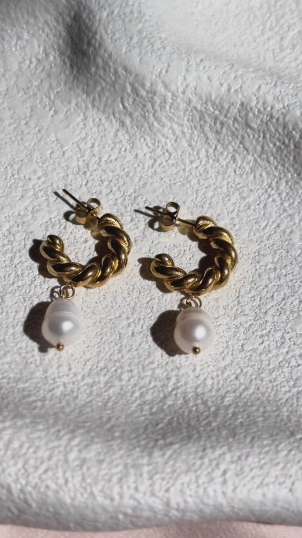 Hadley Hoop Earrings - Gold Pearl Charm Twist